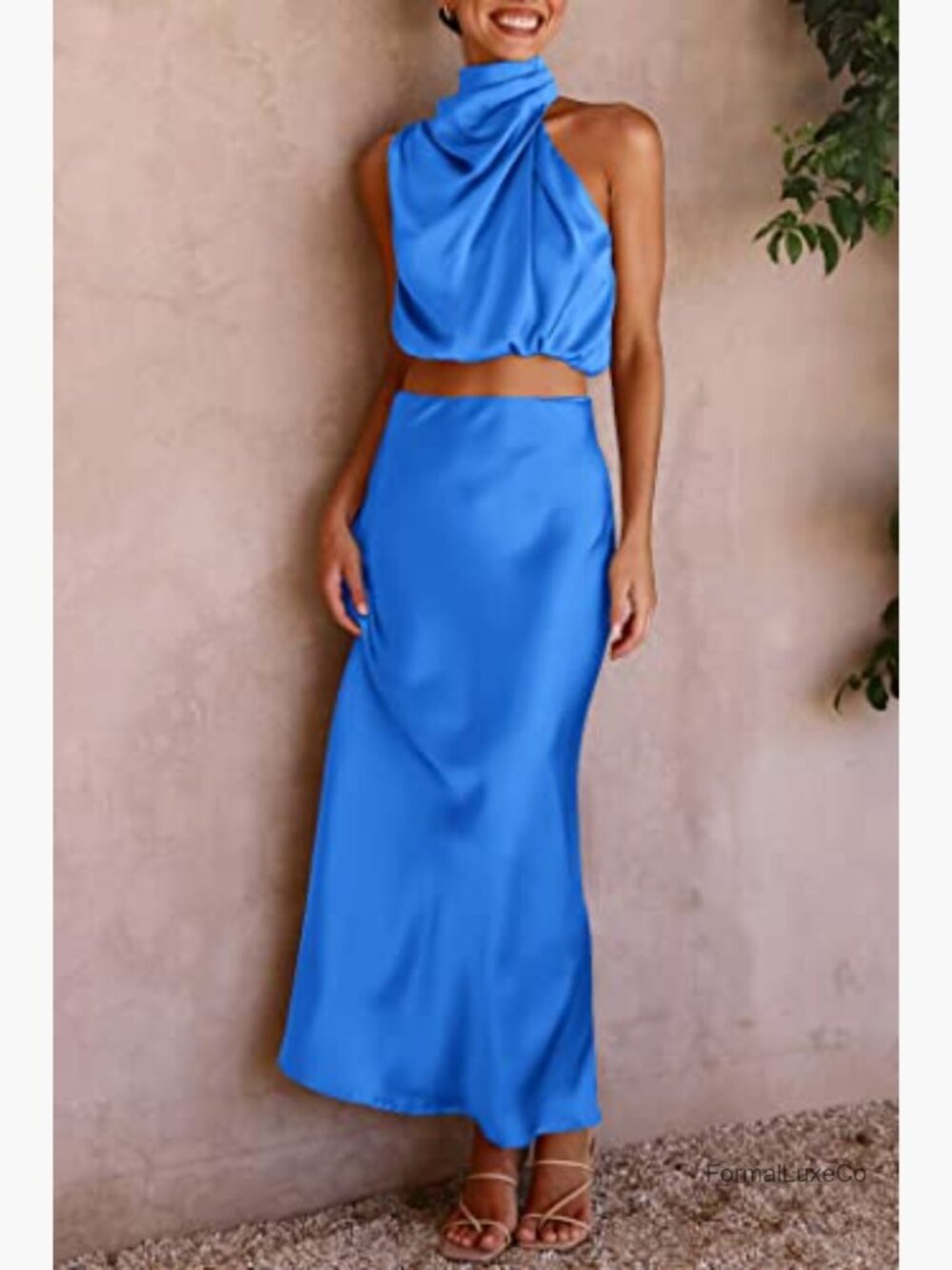 2 Piece Satin Mock Neck Crop Top & Maxi Skirt Set Summer Outfit - Picture 5 of 7